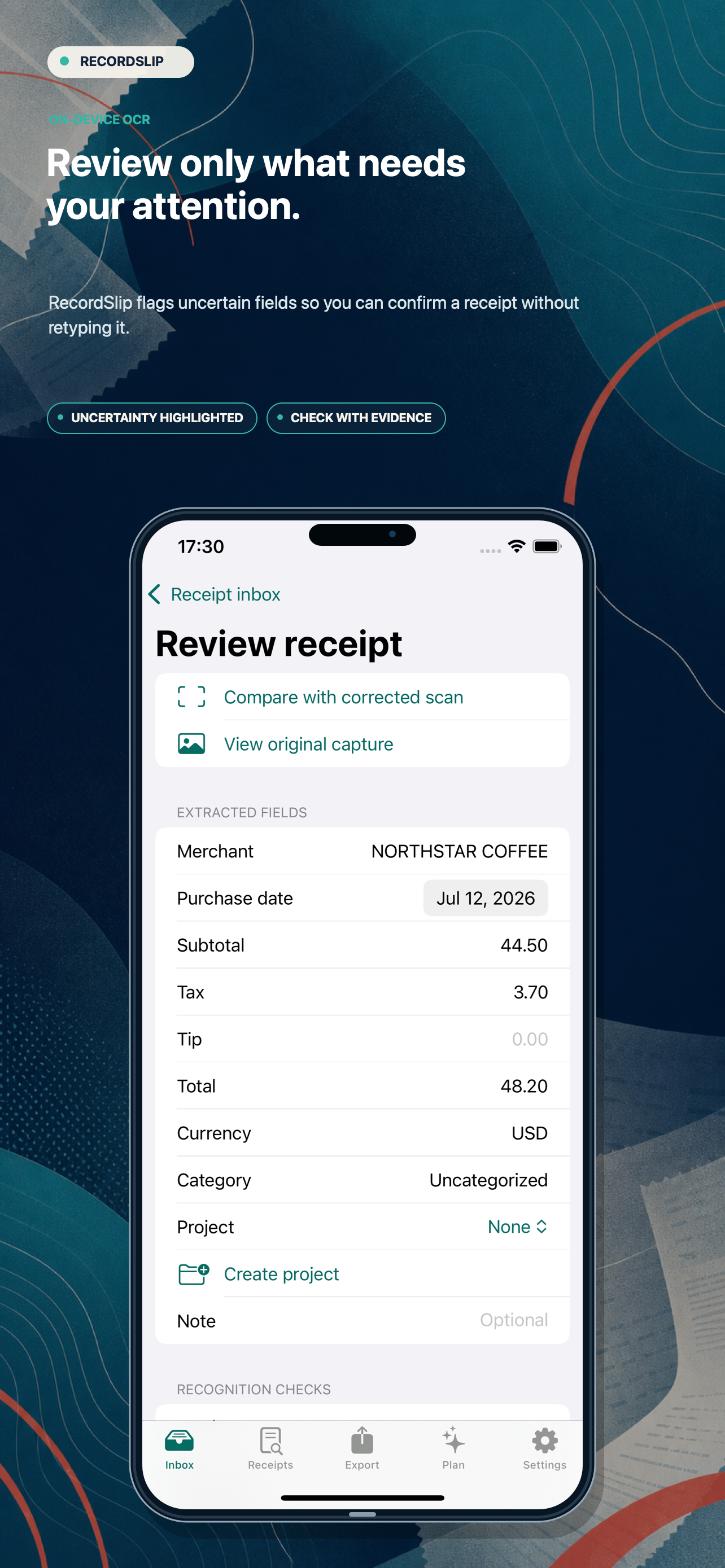 RecordSlip App Store screenshot showing receipt review
