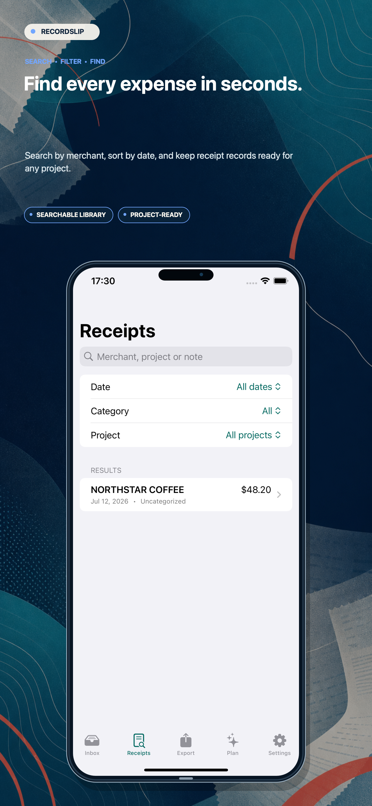 RecordSlip App Store screenshot showing the receipts search view