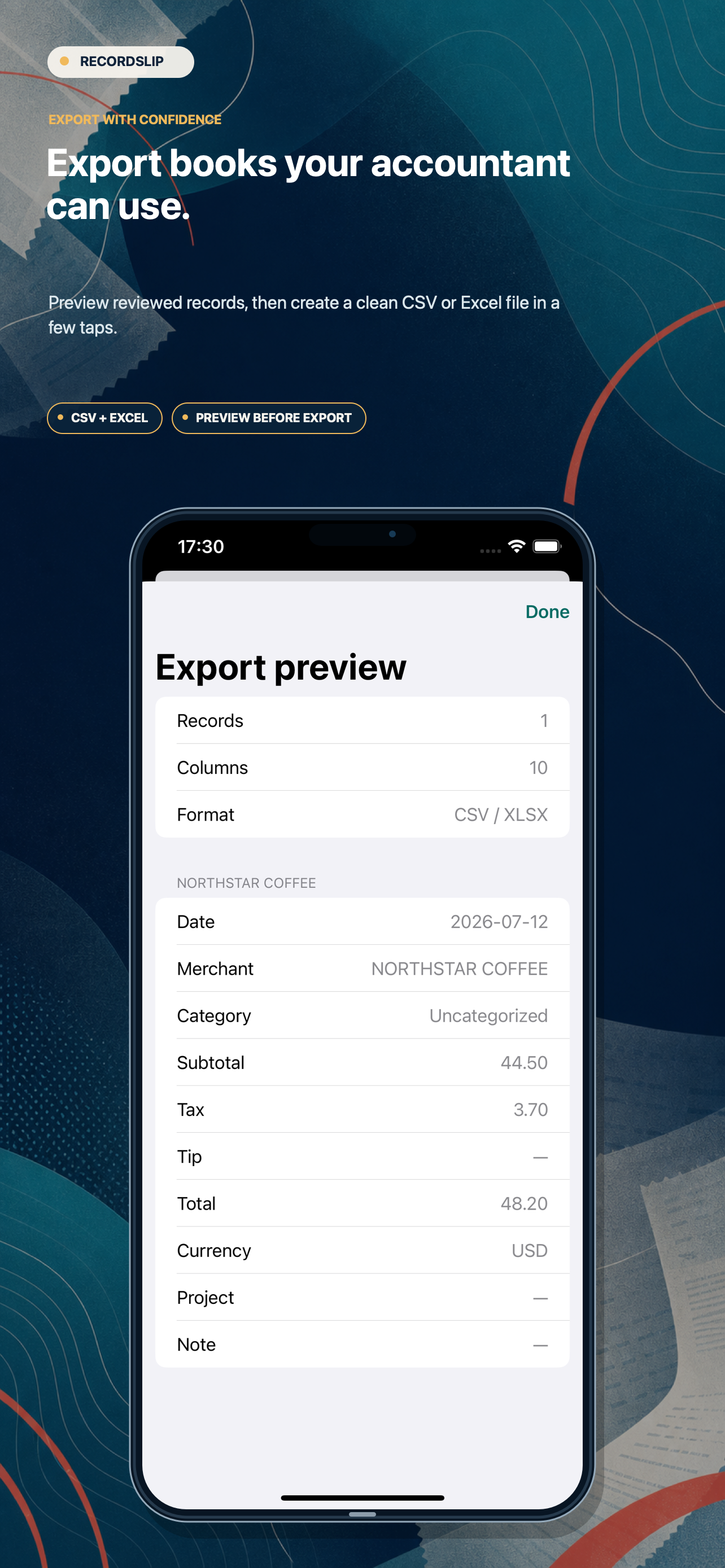 RecordSlip App Store screenshot showing an export preview