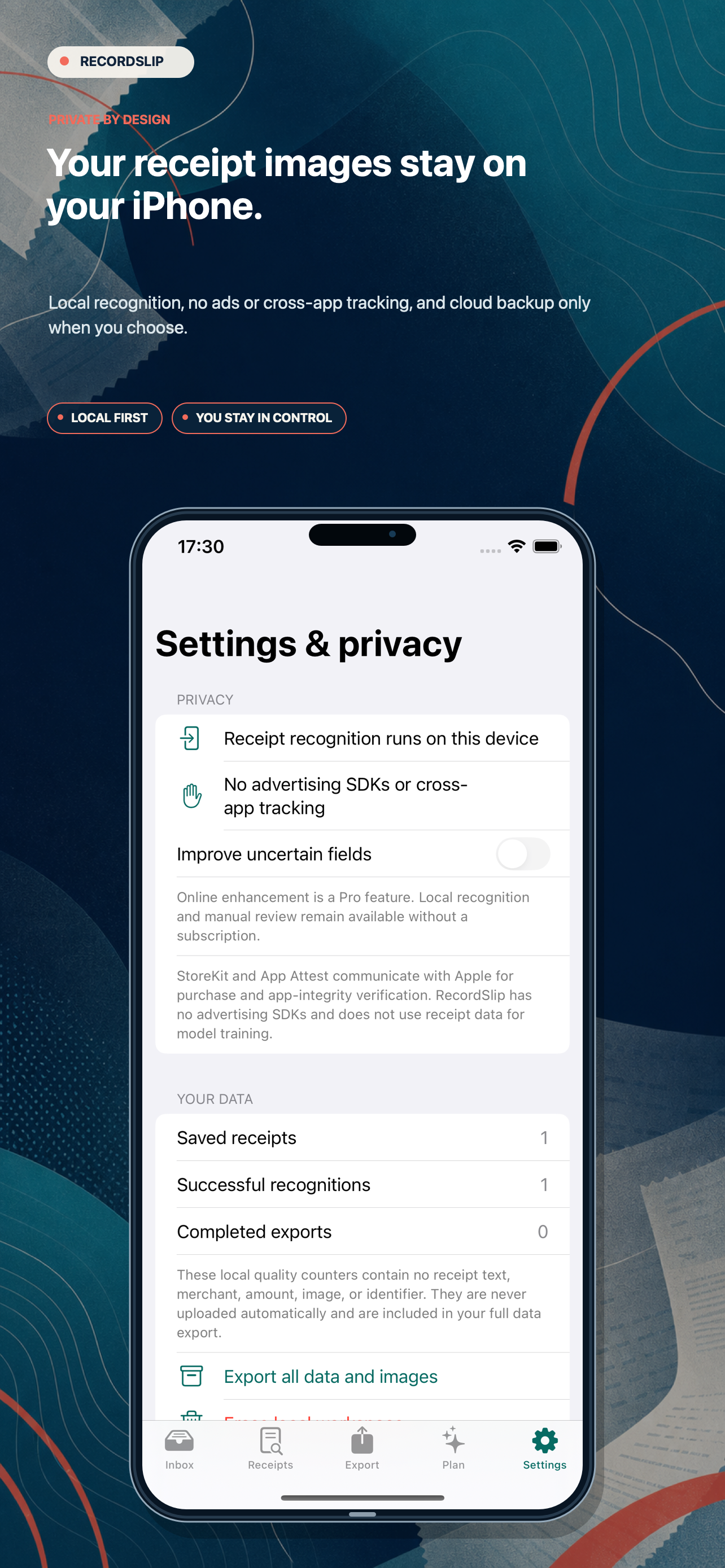 RecordSlip App Store screenshot showing settings and privacy